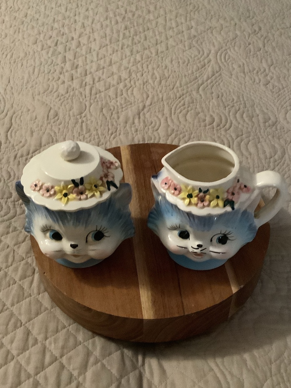 Vintage Blue Cat Creamer and Sugar Set with Floral Trim